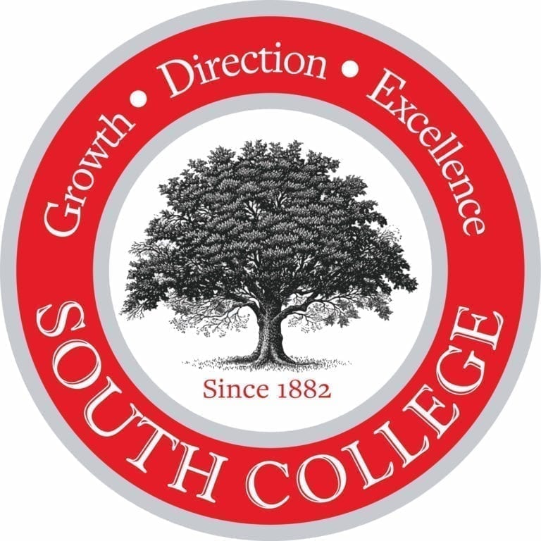 A circular emblem for South College features a detailed illustration of a large tree at its center. The outer red ring contains the words "Growth," "Direction," "Excellence," and "South College." The tree's base has "Since 1882" written below it.