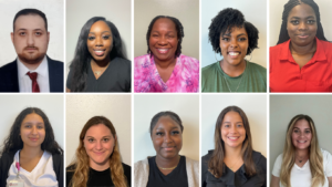 A collage of headshots showing ten diverse individuals. They are arranged in two rows of five. The group consists of six women and four men, each smiling or posing comfortably against neutral or light backgrounds. Their attire varies from casual to professional.