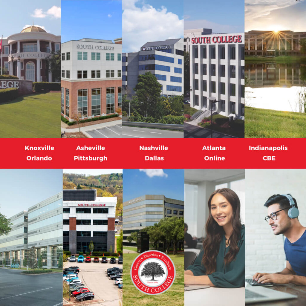 A collage of South College campuses with city names: Knoxville, Orlando, Asheville, Pittsburgh, Nashville, Dallas, Atlanta, Indianapolis, and an online option. Includes college logo, a woman smiling, and a man wearing headphones.