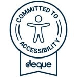 Circular badge with the words "Committed to Accessibility" surrounding a stylized human figure. Below, a ribbon features the word "deque" in lowercase letters.