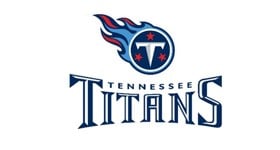 Tennessee Titans logo featuring a stylized letter "T" with three stars, surrounded by a blue flame. Below, "Tennessee Titans" is written in blue, bold letters.