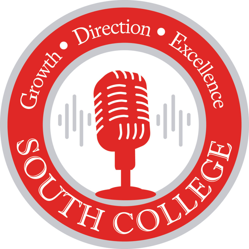 A red circular emblem with the words "Growth," "Direction," and "Excellence" around a red microphone icon and sound waves in the center. The outer circle reads "South College.