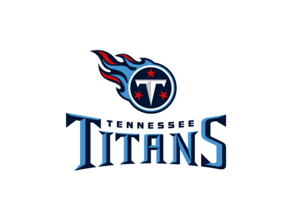 Tennessee Titans logo featuring a white "T" inside a navy blue circle with three red stars and red flames, above the word "TITANS" in bold blue letters.